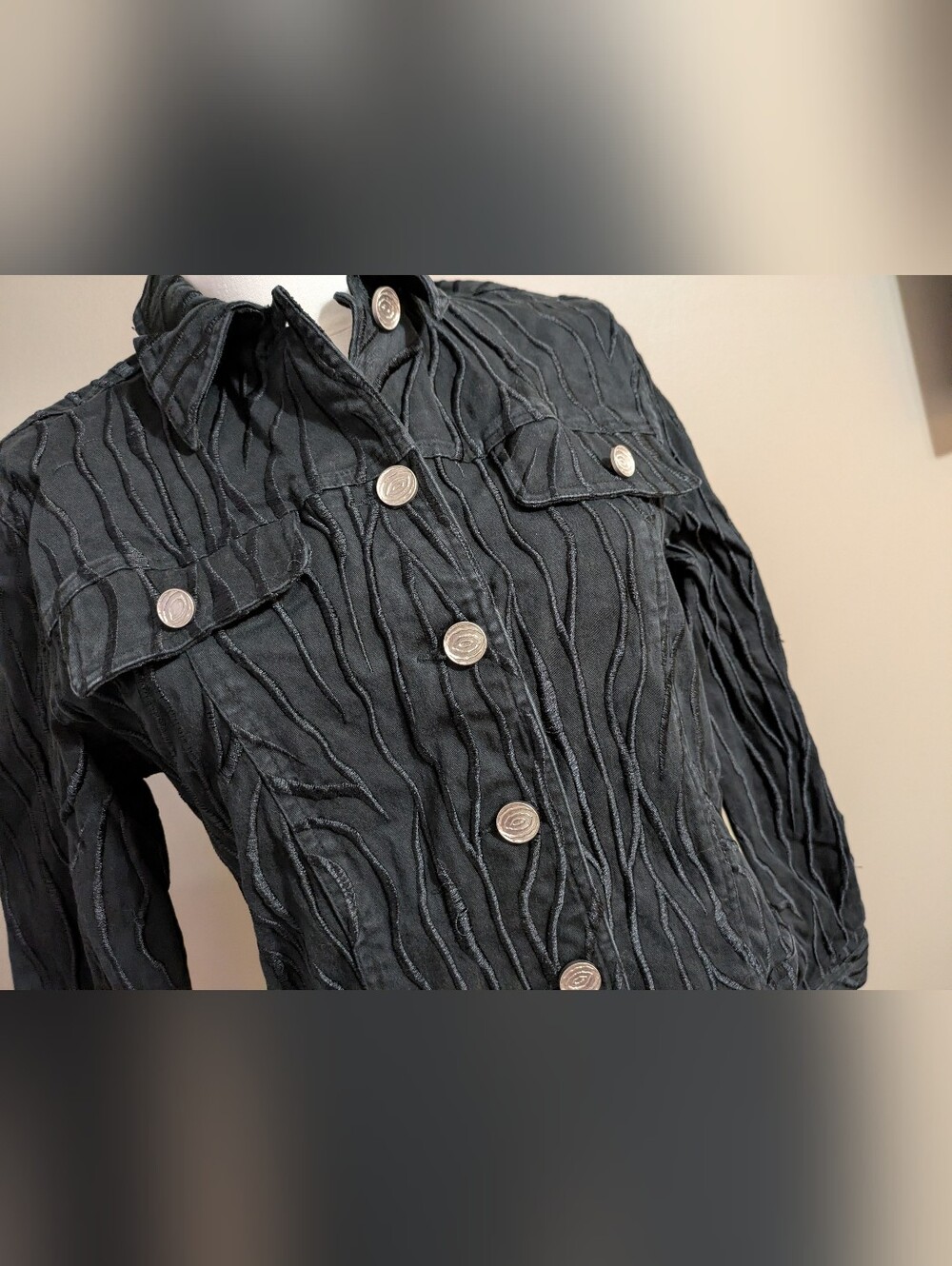 Vintage Christine Phillipe Black Crinkle Ribbon Textured Denim Trucker Jacket
